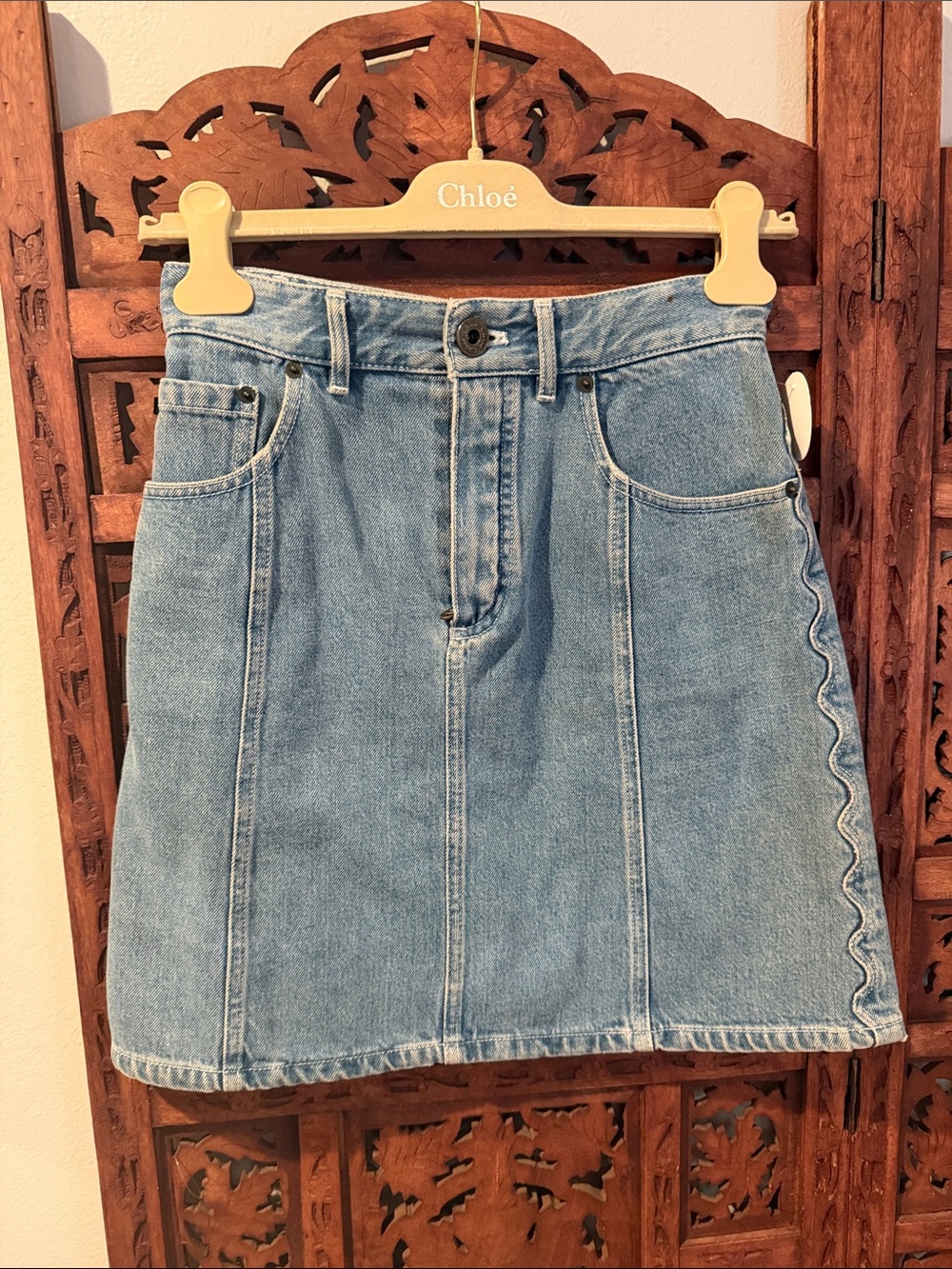 Chloé Light Blue Denim Mini Skirt with Scalloped Side size 34